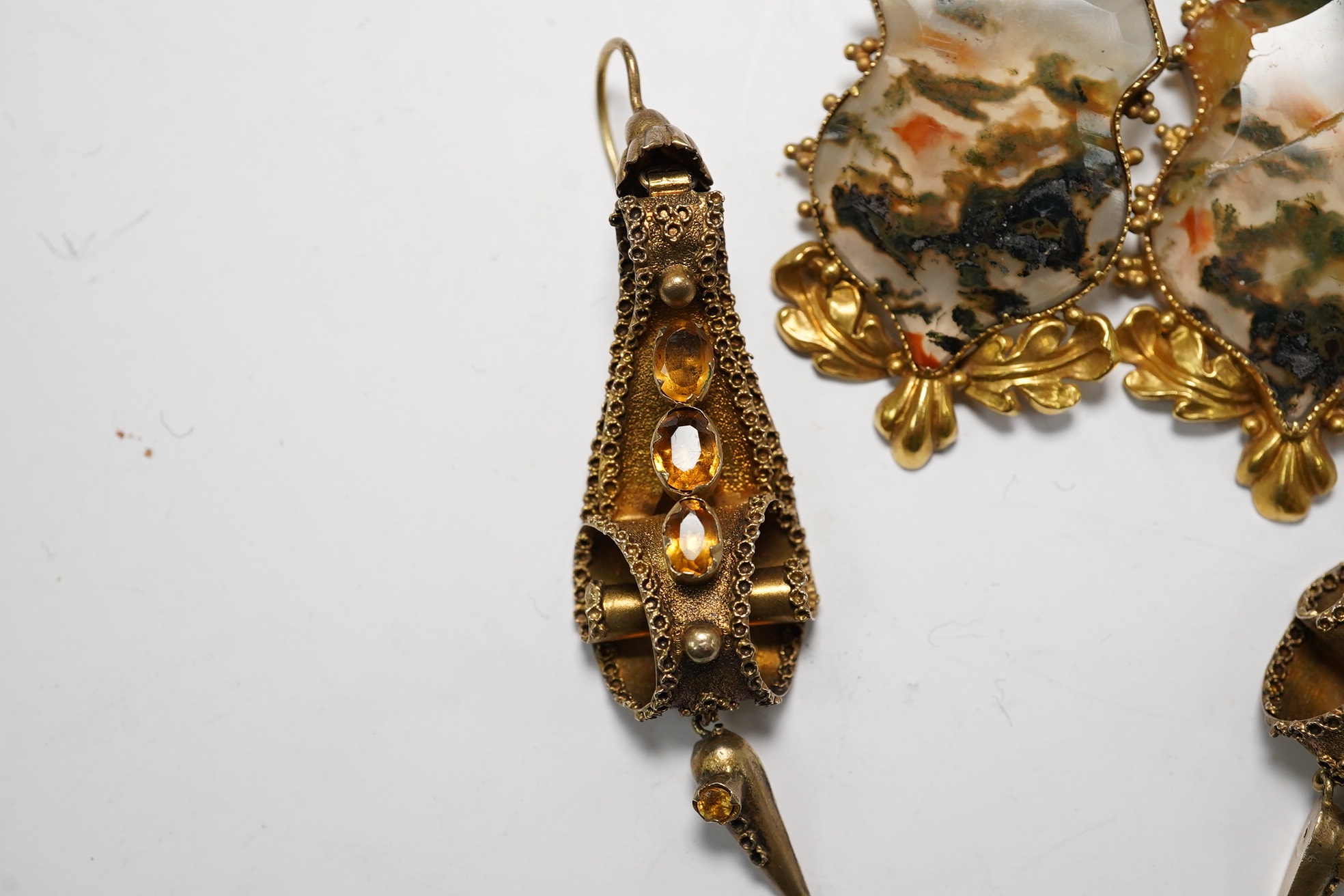 Two pairs of Victorian yellow metal earrings, one set with moss agate (a.f.) and one with citrine coloured stones, longest 50mm. Condition - poor to fair